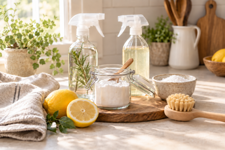 Glass spray bottles, baking soda, lemons, a linen cloth, and a wooden cleaning brush styled on a warm farmhouse countertop for DIY cleaning recipes.