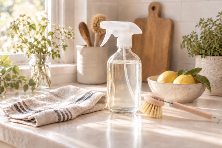 Simple all-purpose cleaner bottle, folded linen cloth, wooden cleaning brush, and greenery styled on a warm neutral countertop.