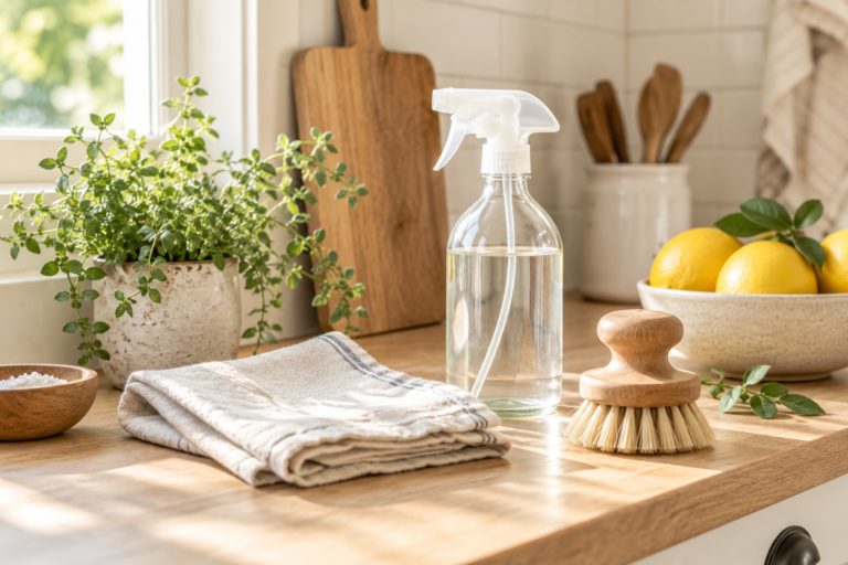 Simple spray bottle, folded linen cloth, wooden cleaning brush, and lemons styled on a warm neutral countertop for a disinfecting article.