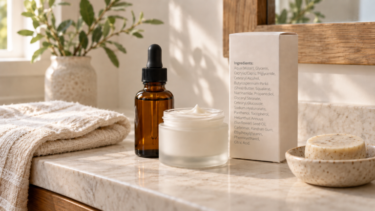 Skincare bottles and moisturizer with an ingredient label on a softly lit bathroom vanity
