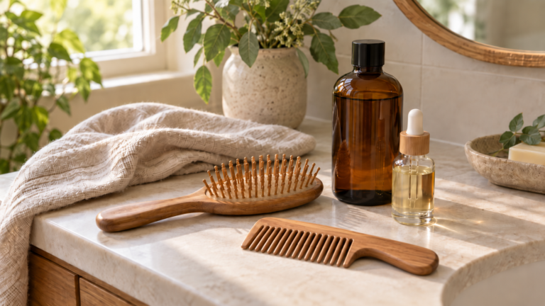 Wooden hairbrush and comb with amber haircare bottles and serum on a warm sunlit bathroom vanity