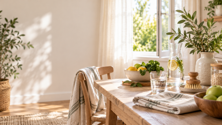 Editorial home interior with natural wood table, linen cloth, greenery, lemons, and glass water carafe for a healthier home article.