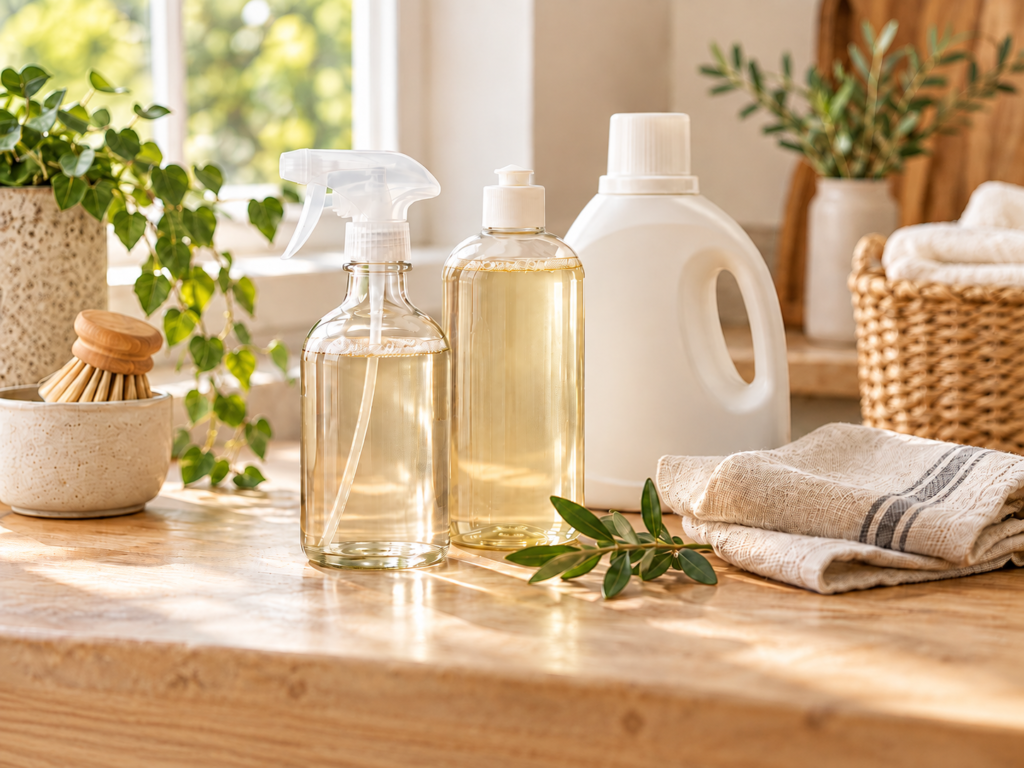 Fragrance-free spray cleaner, dish soap, and laundry detergent styled on a warm wood countertop with a linen cloth and greenery.