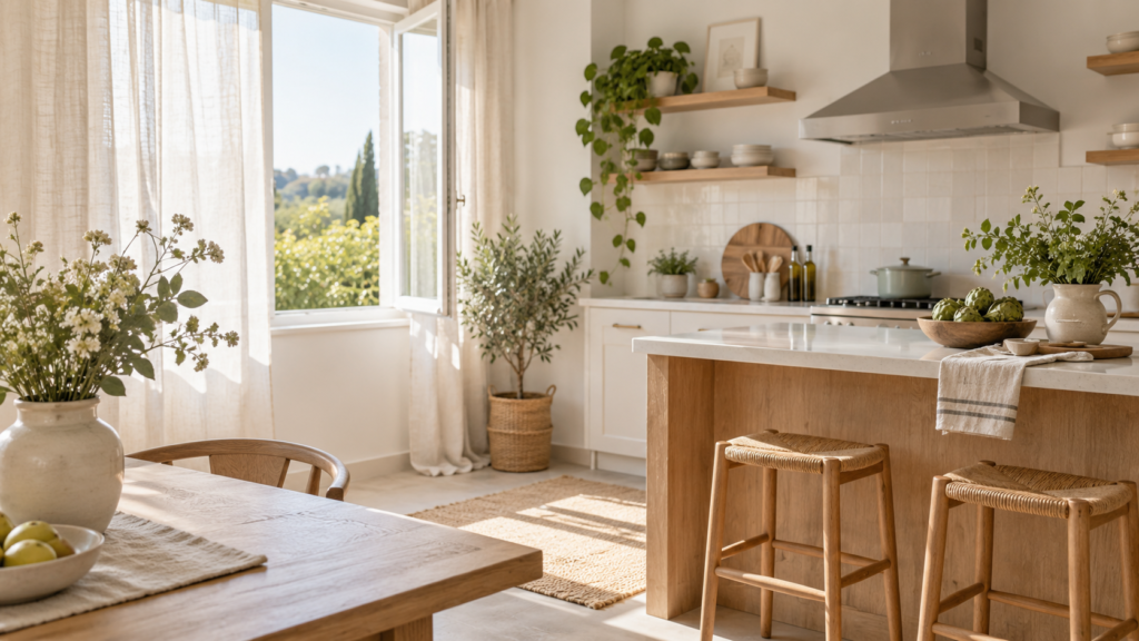 Bright airy kitchen with an open window, range hood, natural wood accents, and soft sunlight in a calm healthy home setting.