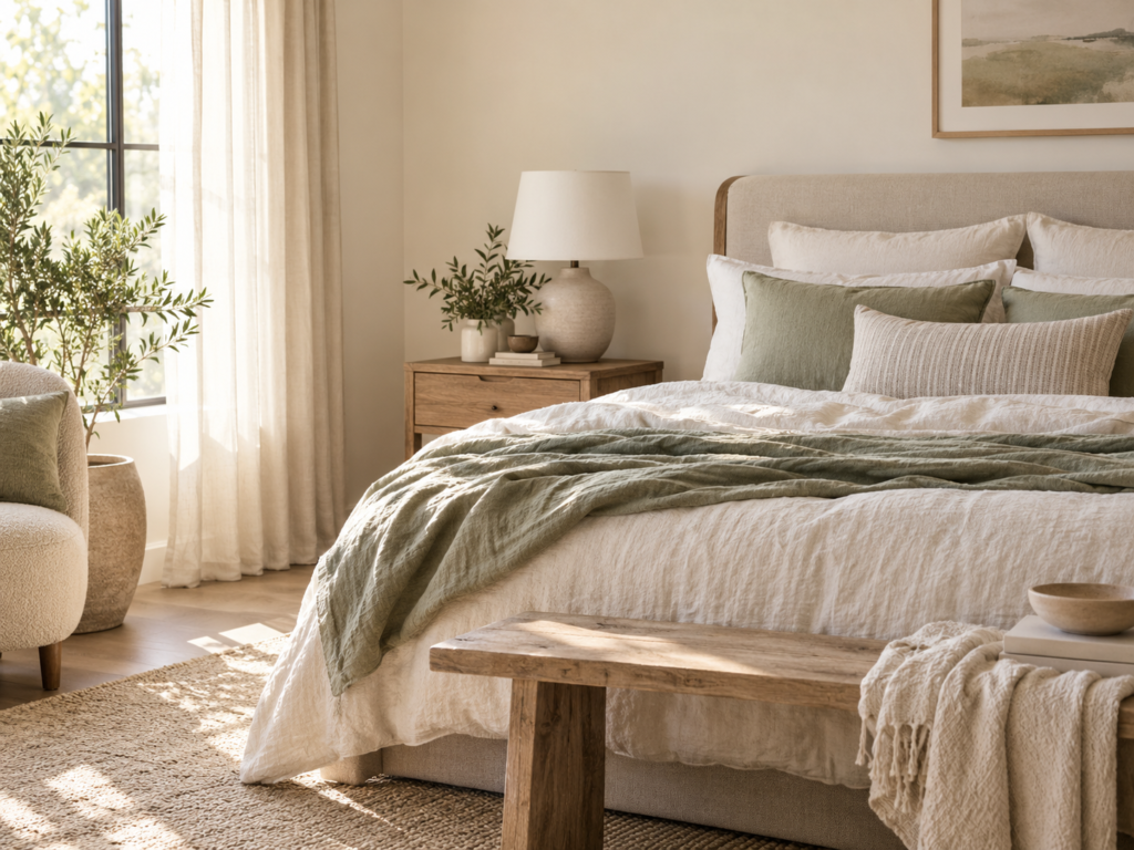 Calm neutral bedroom with natural bedding, soft linens, wood accents, and warm natural light.