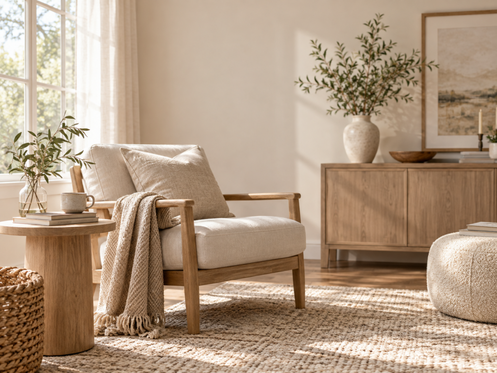 Sunlit living room with an oak-framed armchair, linen cushions, a woven jute rug, and olive branches.