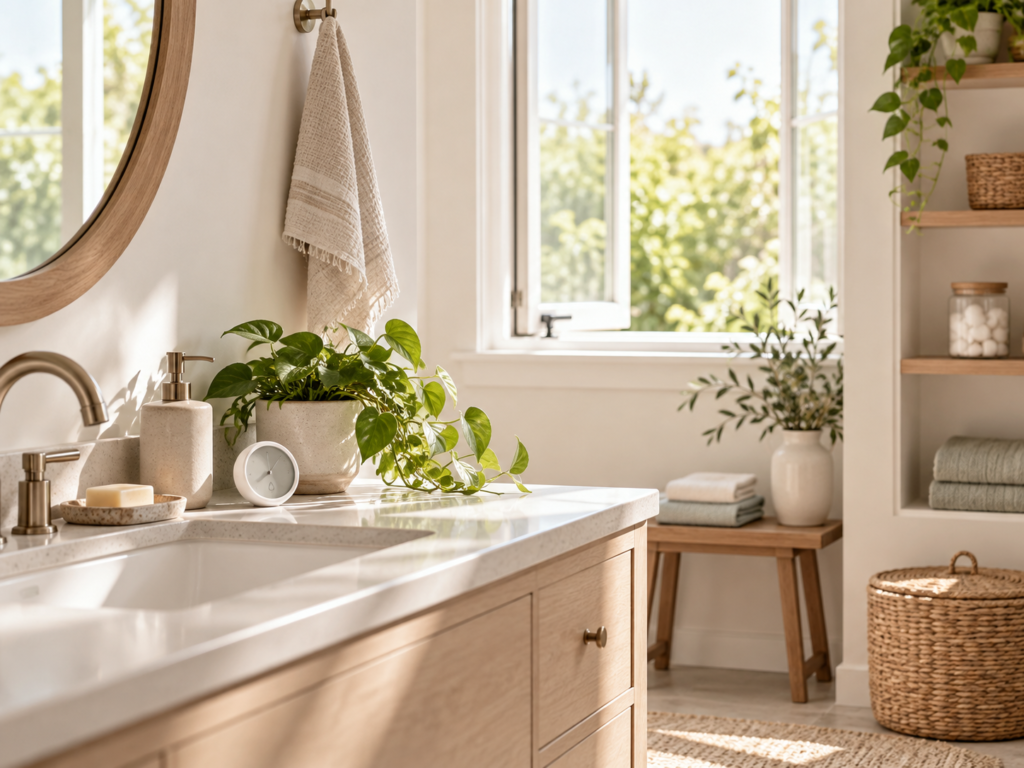Bright natural bathroom with an open window, folded towels, greenery, and a clean vanity in soft morning light.