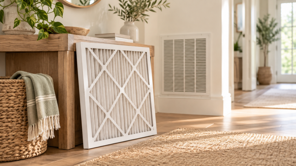 Pleated HVAC air filter leaning against a wood console in a bright neutral home with soft natural light and greenery.