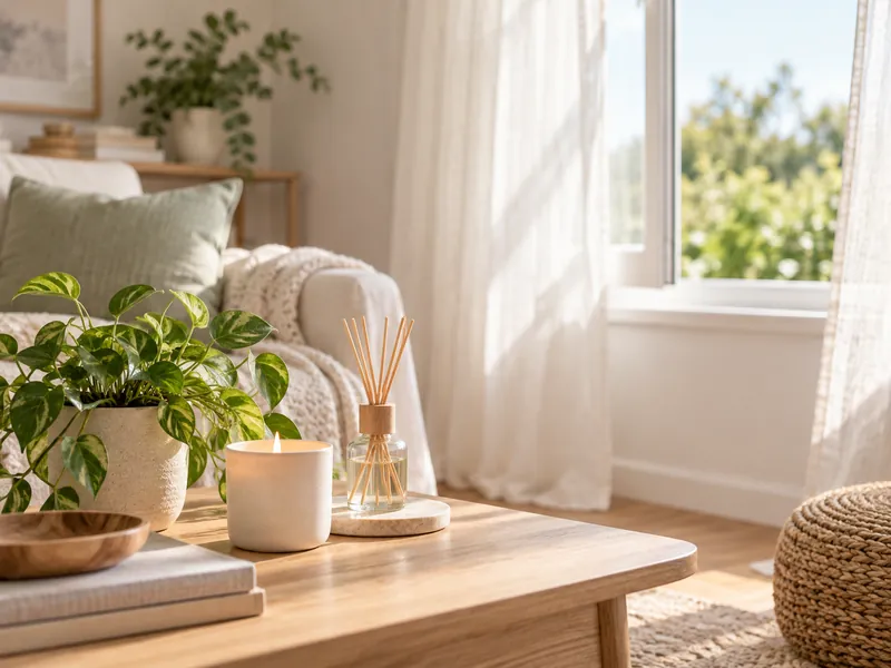 Bright living room with an open window, houseplant, candle, and diffuser in a calm natural setting.