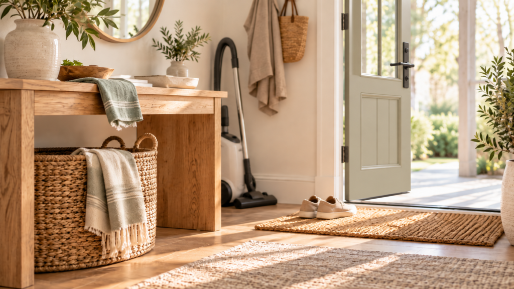 Bright entryway with shoes left by the door, woven doormat, vacuum, natural wood console, and soft sunlight.