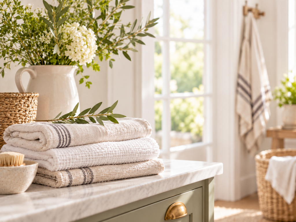 Bright farmhouse-style home scene with an open window, soft linens, greenery, and natural daylight.