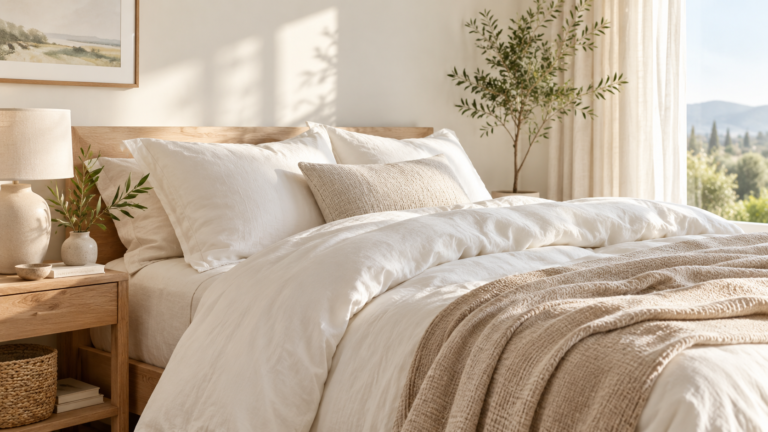 Warm neutral bedroom with layered white pillows, a soft duvet, natural wood furniture, and sunlight through sheer curtains.