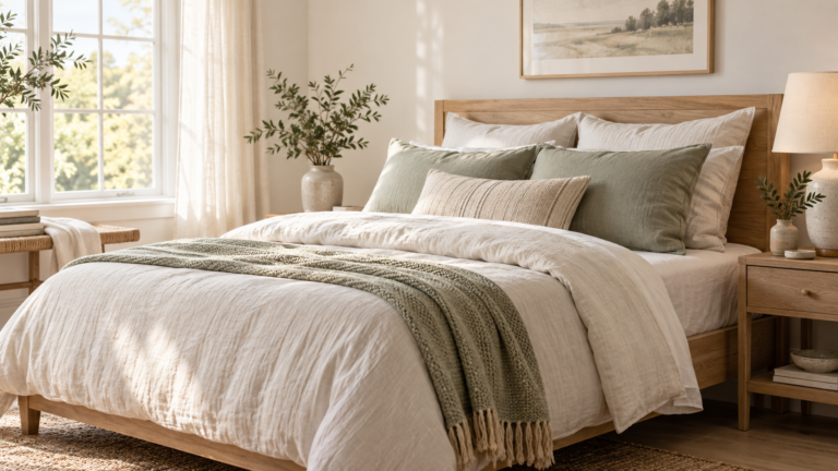 Warm neutral bedroom with layered natural-looking sheets, pillows, a sage throw, wood furniture, and soft morning light.