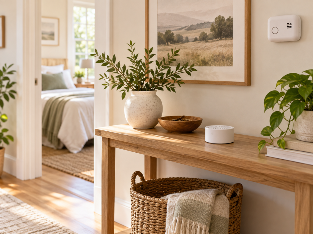 Warm neutral hallway with carbon monoxide alarms, natural wood console, greenery, and soft sunlight near a bedroom.