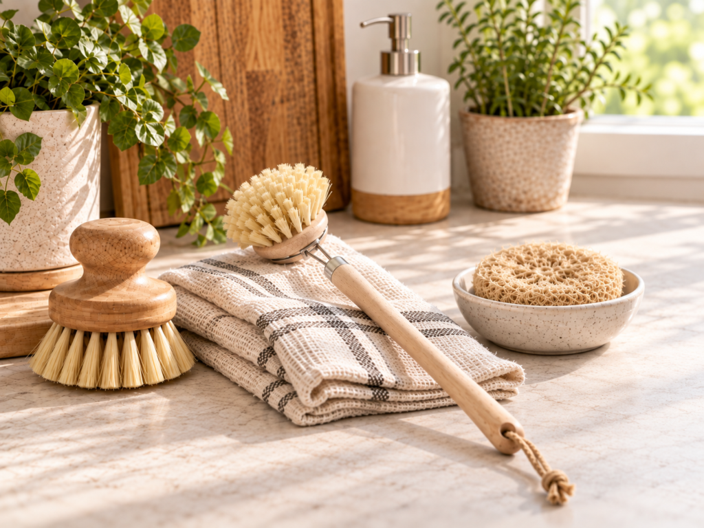 Wooden cleaning brushes, reusable scrubber, and washable cloths arranged on a warm neutral surface.