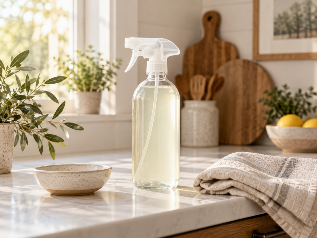Simple all-purpose cleaning bottle styled with a neutral cloth and greenery on a light countertop.