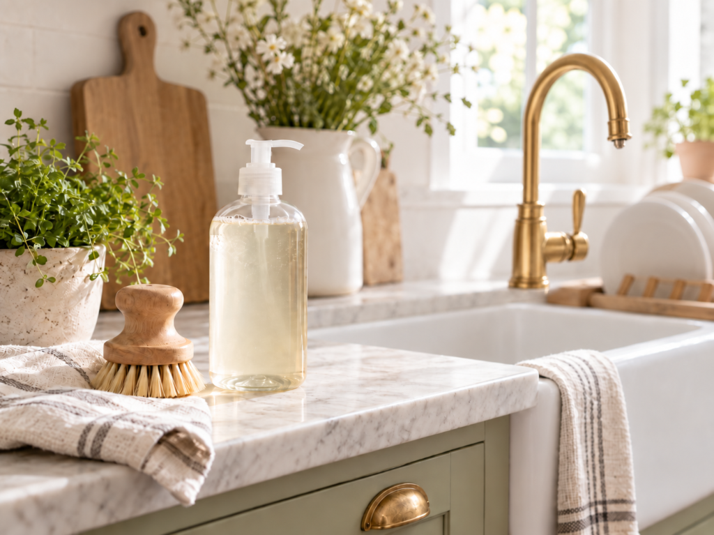 Clear dish soap bottle beside a farmhouse sink with a wooden dish brush, neutral cloth, and soft natural light.
