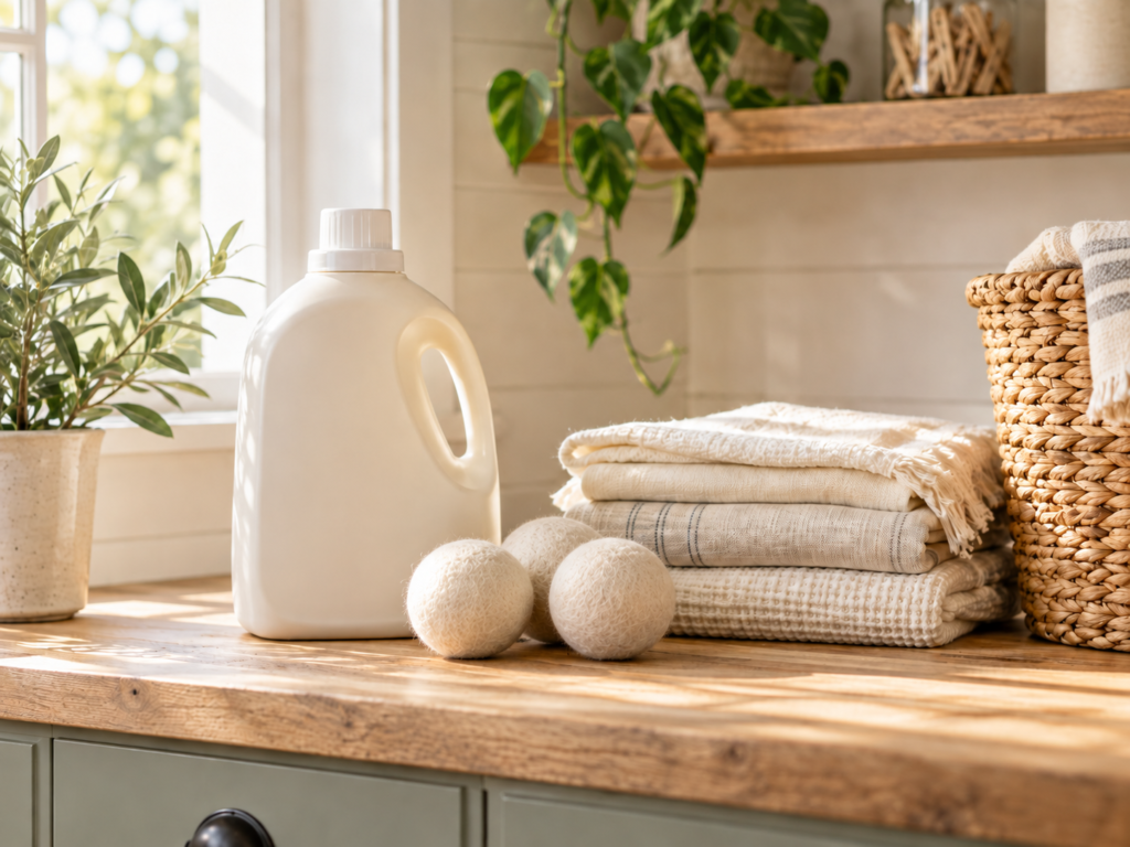 Plain laundry detergent, wool dryer balls, and folded neutral linens styled in a warm farmhouse setting.
