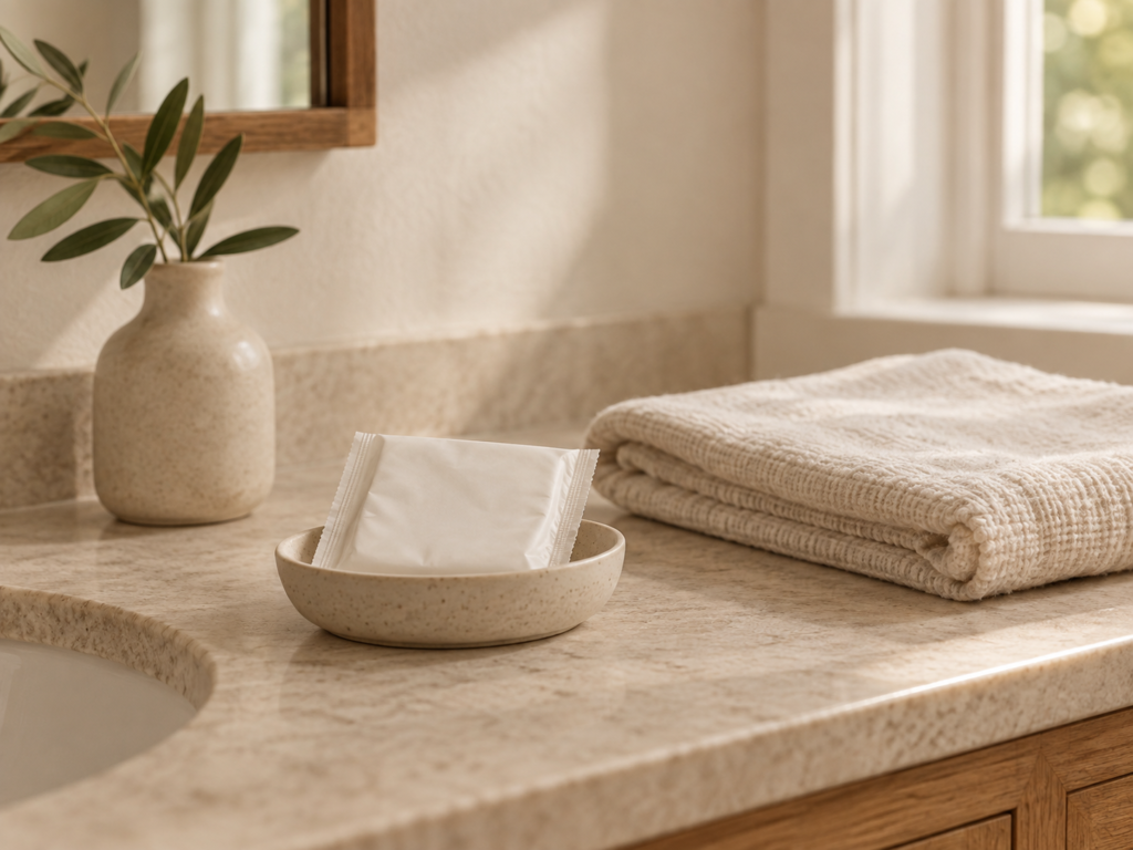 Unbranded unscented intimate care item in a ceramic dish beside a folded cream towel on a warm sunlit bathroom vanity