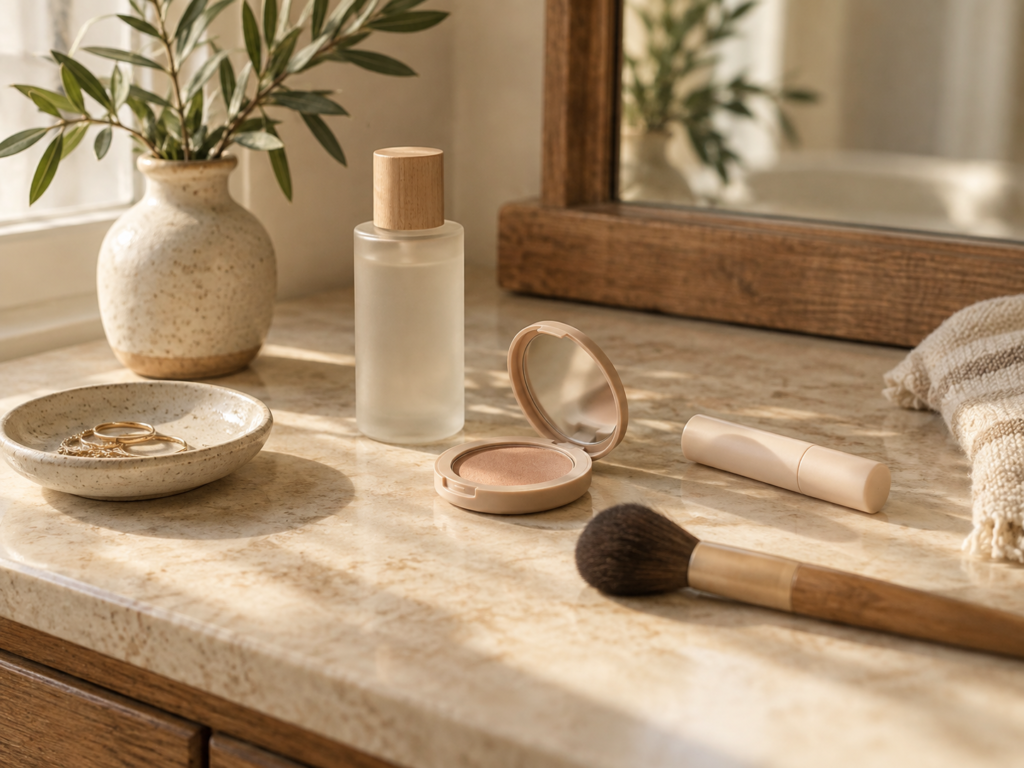 Neutral makeup essentials with a compact, makeup brush, skincare bottle, and lip product on a warm sunlit bathroom vanity