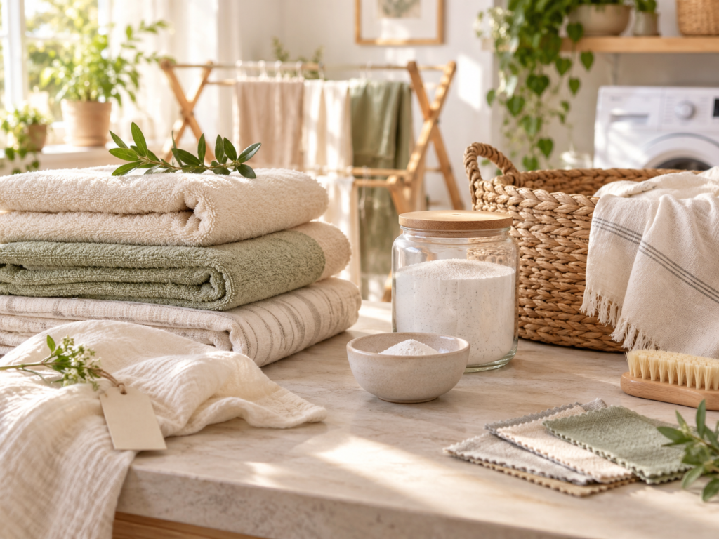 Folded neutral towels and fabrics beside a laundry basket, glass detergent jar, and drying rack in a bright natural laundry space.