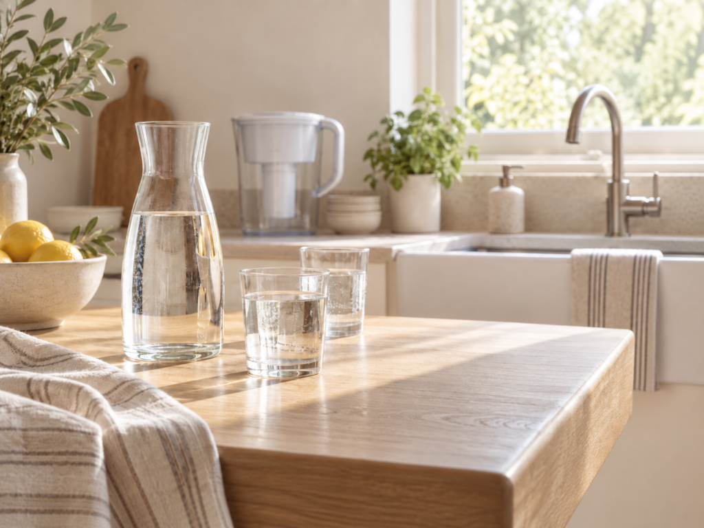 Glass water carafe and drinking glasses beside a simple water filter in a bright natural kitchen.