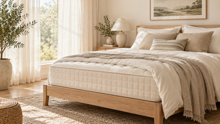Warm neutral bedroom with a natural-looking mattress, layered bedding, wood bed frame, and soft sunlight through sheer curtains.