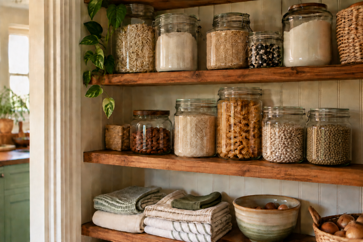 Glass pantry storage jars and reusable kitchen towels