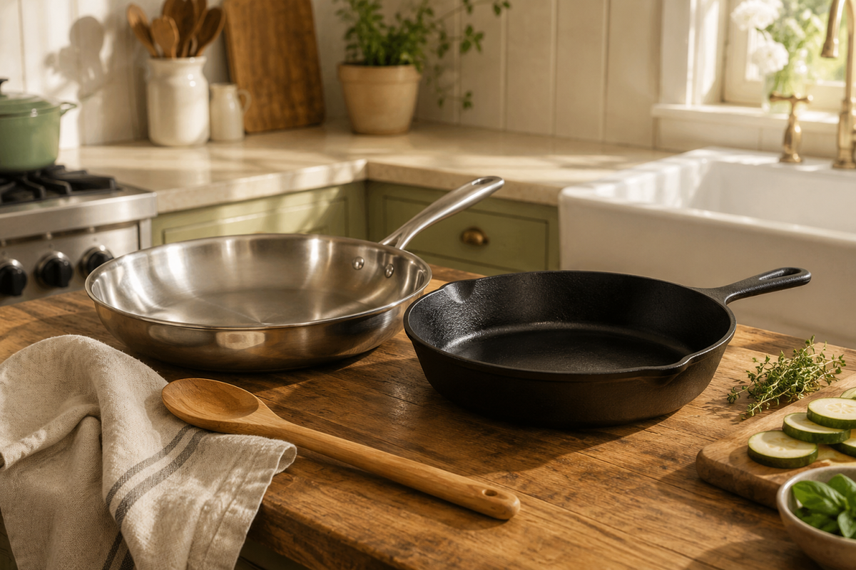 Stainless steel skillet and cast iron skillet
