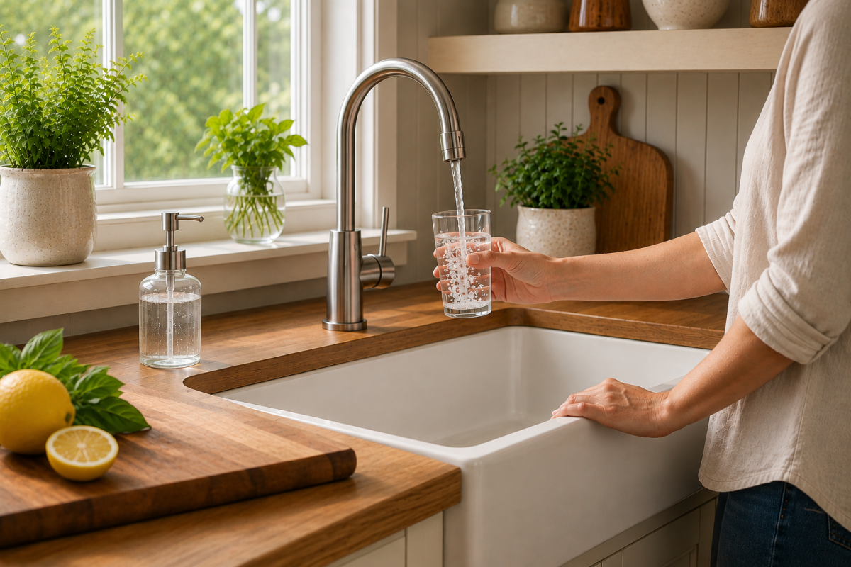 Filtered drinking water in a healthy kitchen