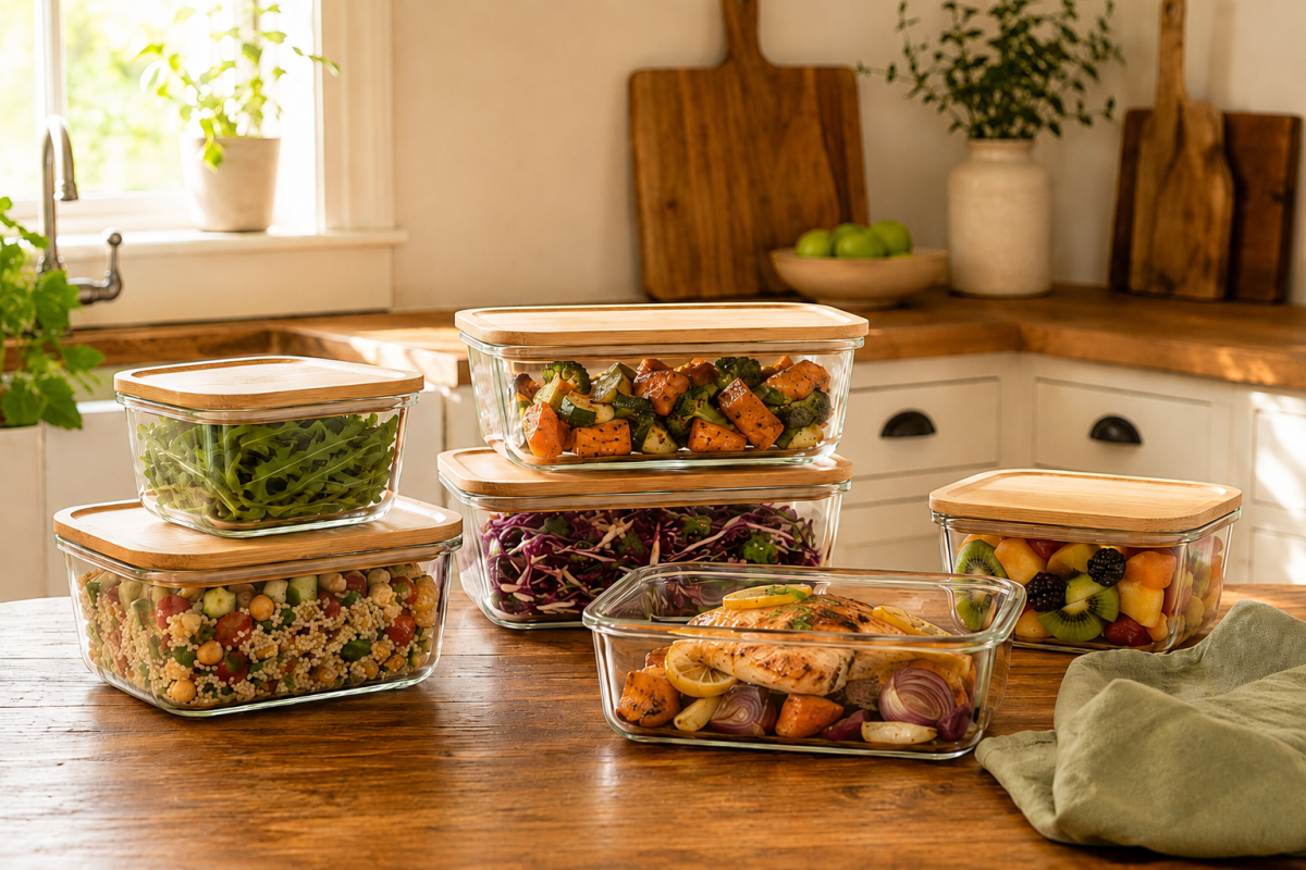 Glass food storage containers for a lower-toxin kitchen
