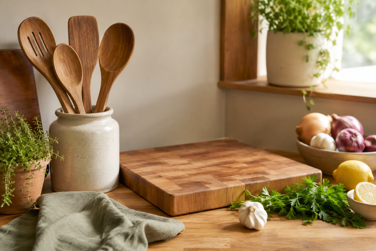 Wooden cooking utensils and hardwood cutting board in a non-toxic kitchen